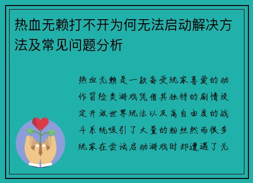 热血无赖打不开为何无法启动解决方法及常见问题分析