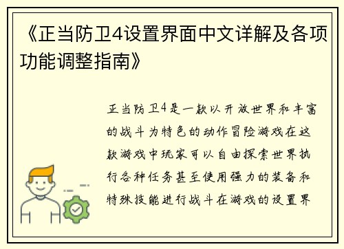 《正当防卫4设置界面中文详解及各项功能调整指南》